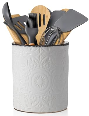 Comfify Floral Ceramic Kitchen Utensil Holder - Elegant White Utensil Caddy, Decorative Organizer for Countertop Cooking Tools