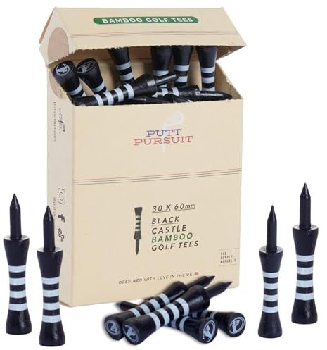 Putt Pursuit 6cm/ 60mm Castle Bamboo Golf Tees - Biodegradable & Sustainable Golf Tees Bamboo Material - Golf Accessories - Golf Tees Wooden - 30 Non Plastic Golf Tees - Black Colour Tee