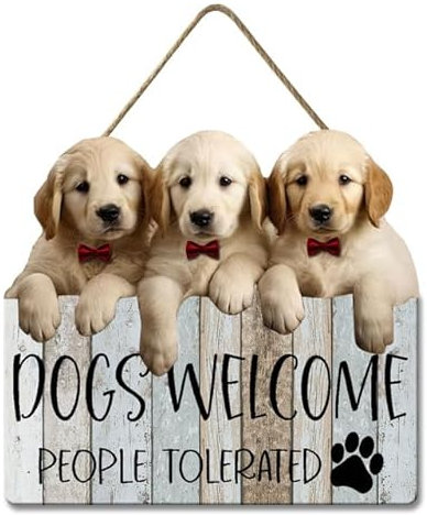 Geroclonup Dogs Welcome People Tolerated Sign for Front Door,Funny Dogs Welcome Sign for Pet Shop Home Decor,Dog Room Decor,Gifts for Dog Lovers 28x30cm