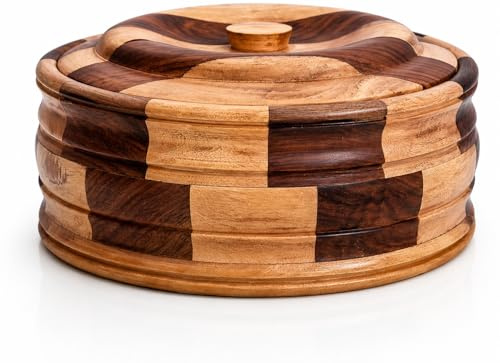 Handmade Wooden Tortilla & Roti Warmer with Lid, Food Safe, 9 Inch, Brown | Large tortilla holder keeps bread, waffles & pancakes warm, ventilated lid prevents moisture, durable, easy clean, gift idea