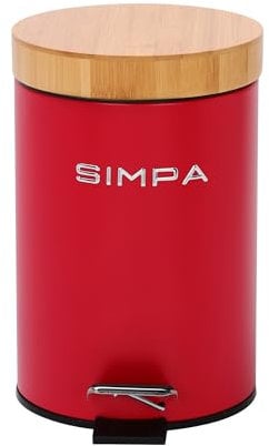 simpa 3L 3 Litre Matt Red Slim Soft-Closing Pedal Dustbin with Bamboo Lid