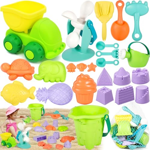 POWZOO Juguetes Playa,24 Piezas Juguetes de Playa para Niños,con Cubo,Moldes de Arena, Rueda de Agua,Camión de Arena,Palas y Rastrillo,Juegos de Playa para Niño Niña 1 2 3 4 Años Exterior Regalo.