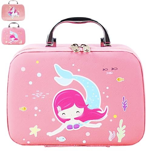 Meerjungfrau Kosmetiktaschen Mädchen, Kinder Kulturbeutel, Kosmetikkoffer mit Spiegel, Camping Reise Heim Wasserdicht Tragbar Waschtasche für Geschenk, für Mädchen 3 4 5 6 7 8 9 10 Jahre