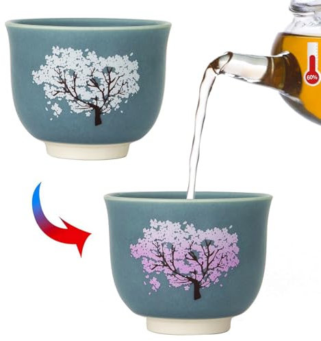 HOHCNA Heat Changing Sensitive Cherry Blossoms Tea Cups, Japanese Style Color Changing Coffee Mugs, Unique Magic Coffee Tea Cup for Gift Valentines 4.4 oz/130ml (Blue)