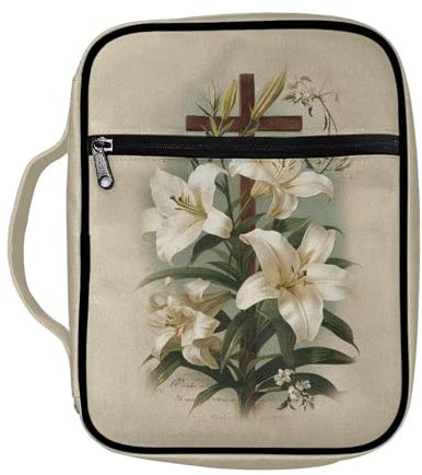 Suobstales Custodia per bibbia per donne/uomini, custodia per libri e libri con manico e cerniera, Giglio incrociato