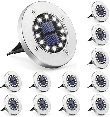 Solpex Luci da pavimento a energia solare, 12 LED, 12 pezzi, bianco, in acciaio inox, impermeabile, per esterni, giardino, terrazza, prato, cortile, passerella