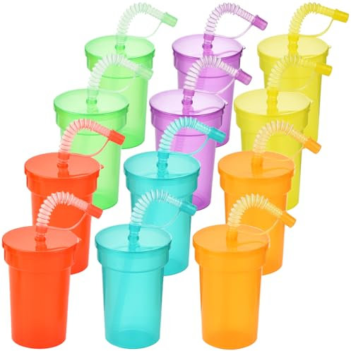 ALINK Lot de 12 gobelets de fête en plastique avec couvercles et pailles, avec couvercle, tasses néon, café glacé, boissons froides, jus de smoothie (380 ml)