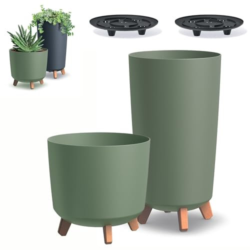DIKEL 2X Runder Blumentopf ⌀ 24 cm x 44,5 cm und ⌀ 30 cm x 28,5 cm | Pflanzkübel mit 4 Steckfüßen | Übertöpfe für drinnen und draußen | Pflanzentopf Dekoration für Haus und Garten | Grün