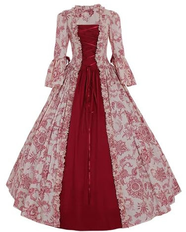 KKvoPiQ Hochzeitstasche Braut -Abendkleid Gothic Langarm Bedrucktes Bühnenkleid mit großen Glockenärmeln Seidenkleider Damen Elegant (Red, XXL)