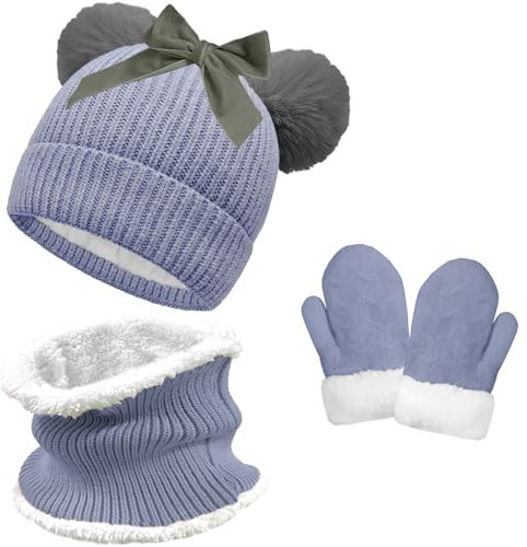 crazy bean Mütze schlauchschal und Handschuhe Strick Set für Jungen Mädchen Wintermütze Bommelmütze mit Pompom Erstlingsmütze Halswärmer Loop Schal Kinder Warm Fäustling Grau