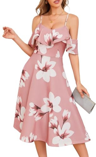 Bbonlinedress Robe de Soirée Cocktail Chic pour Baptême Cérémonie Bal Mariage Mi-Longue avec Bretelles Blush White Flower XL