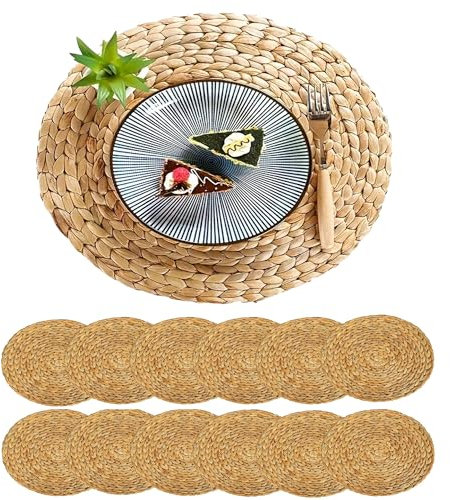 PECZEKO 12er Set Rund Seegras Platzset Abwaschbar Platzsets Tischsets Werden, Boho Platzteller, Ideal für Weihnacht Hochzeit Küche Party, Hitzebeständige 35cm Platzdeckchen Abwaschbar, Natur