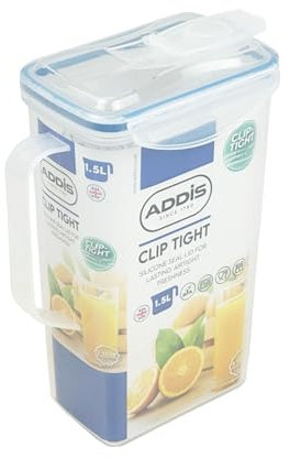 Addis Clip Tight Fridge Liquid Storage Container 1.5 Litre Jug With Handle, Easy Pour Lid and Locking Clips, Airtight Bpa Free, Clear Transparent