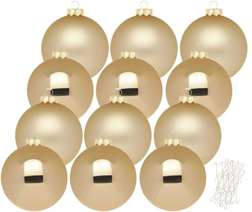 Inge Glas große Weihnachtskugeln mit Haken | Christbaumkugeln aus Glas | Set 12 Kugeln 8cm groß und 40 Aufhänger | Christbaumschmuck Weihnachtsbaumkugeln (Brokatgold | Gold)