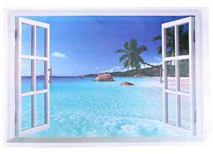 Imagen de ventana falsa con vista al mar, póster de ventana con vista 3D, pegatinas de pared de playa de y mar, Mural artístico de Pvc para decoración de habitación
