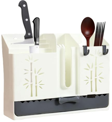 Self Adhesive Utensil Holder - Wall Mounted Utensil Holder, Kitchen Basket Shelf with Split Compartment - Kitchen Cutlery Drainer for Shovels, Spoons, Spatulas, Forks, Chopsticks, Knives