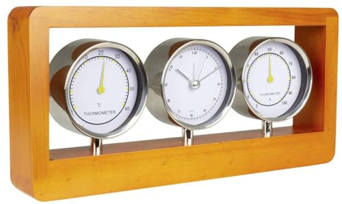 Wetterstation mit Thermometer, Hygrometer und Uhr, Holzrahmen Größe 30x14cm Hochwertig