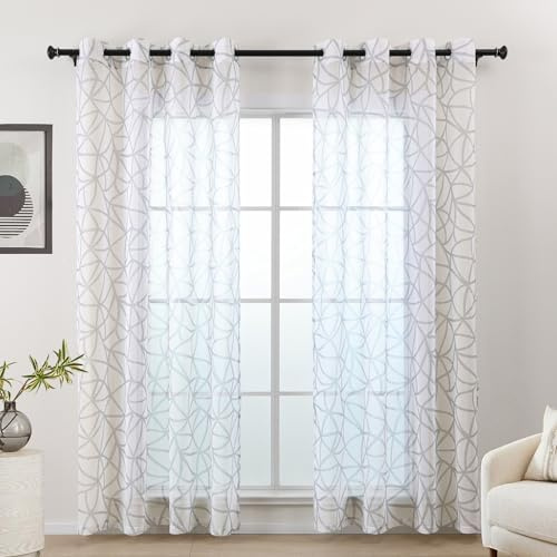 L.Z.E Gardinen Grau Weiß, Vorhänge für Wohnzimmer, Vorhang Grau Weiss für Schlafzimmer, 245 cm Lang, mit Ösen, Transparent, Geometrisches Design, 2er Set Gardinenschal Ösenschal (LZE2238E-GR245)
