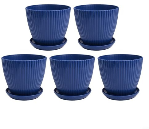 Lot de 5 pots de fleurs en plastique de 15,2 cm - Design simple - Pour intérieur et extérieur - Avec trou de drainage et plateau - Bleu