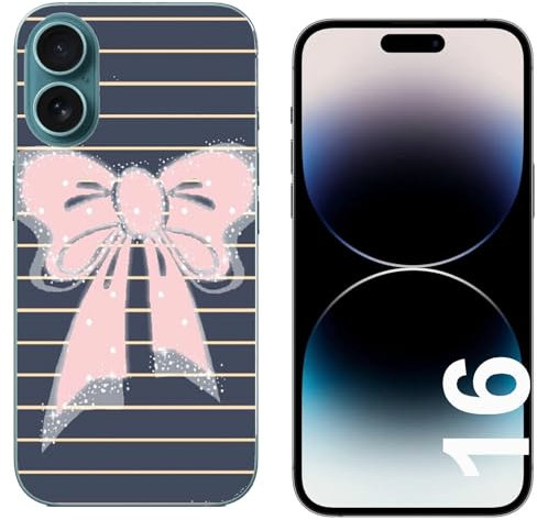 Generico Cover compatibile con Cover Apple Iphone 16 Fiocco Rosa Su Sfondo a Strisce/Gel di silicone morbido TPU