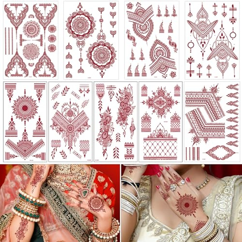 Braun Tattoos Aufkleber, 9 Blätter Mehndi Temporäre Tattoos Set Wasserfest Tattoo Aufkleber für Hand Arm Erwachsene Mädchen