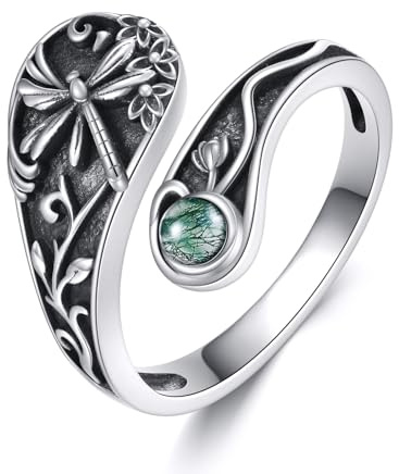Libelle Löffel Ring aus S925 Sterling Silber Libellen Löffelring verstellbare Daumenringe Moosachat Schmuck Geschenk für Frauen Damen (7)