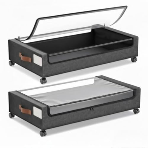 STOROX Under Bed Storage Box with Wheels, 2 Pack, Grey Fabric Rolling Storage with Clear Window, Zippered Underbed Storage for Clothes, Shoes and Bedding