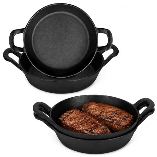 4 Set Small Cast Iron Skillets, 18 cm Cast Iron Serving Pans with Handle | Individual Round Oven Proof Casserole Dishes for Kitchen Steak Gratin Tapas Curry and Meat, Black