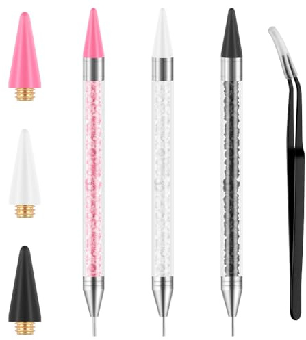 AYBUY Rhinestone Picker Tool Set, 3 Packs Dual-Ended Rhinestone Picker Dotting Wax Pen with 3 Extra Wax Tips and 1 Tweezer, Rhinestones Applicator for Picking Up Jewel Gems, Crystals and Studs