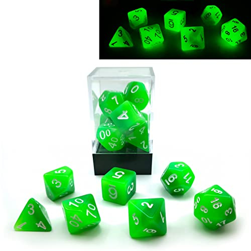 Bescon Gradient Glowing Polyhedral Dice 7pcs Set Forest Light, Gradual Luminous RPG Dice Set Glow in Dark, Novelty DND Game Dice d4 d6 d8 d10 d12 d20 d% in Brick Box