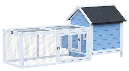 PawHut Pollaio per Galline con Corsa Vassoio di Nidificazione Rimovibile in Legno, Bianco e Blu,180x90.1x78.6cm
