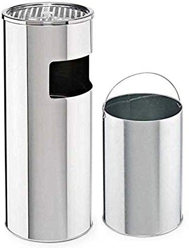 EVRE Standing Ashtray Cigarette Bin Stainless Steel Outdoor Indoor Rubbish with Removable Inner Bucket and Anti Slip Base 17L 60.5 x 25 cm (Silver)