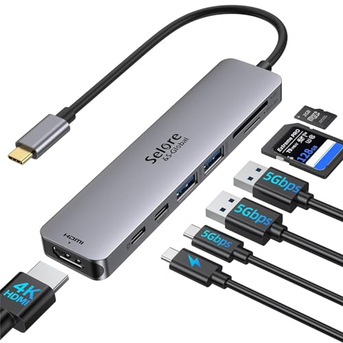 Adaptateur USB C, Selore USB-C vers HDMI 4K, Ports USB 3.0, Lecture de Carte SD/TF, Hub Multiport 6-en-1 pour MacBook Pro 2020 MacBook Air 2020 Huawei Matebook ChromeBook Pixel Tablette USB Type C
