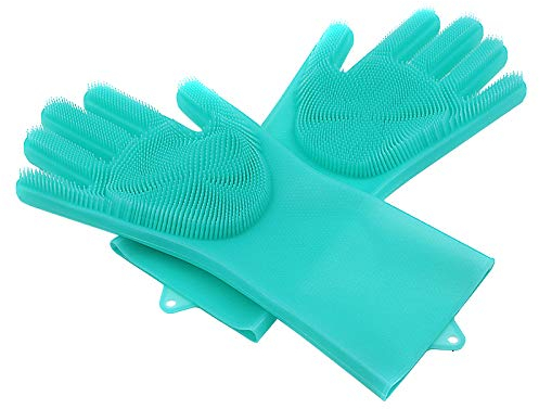 Gants de nettoyage magiques en silicone, gants éponge à vaisselle avec brosse pour cuisine, salle de bain, nettoyage de voiture et toilettage d'animaux (vert)