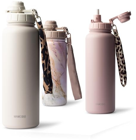 MAMEIDO Botella Agua Acero Inoxidable 1,2l - Botella Termica con Pajita, Botella Agua Gimnasio sin BPA, Cantimplora estanca, Termo con Correa de Transporte, Water Bottle (Ivory Beige, 1200ml)