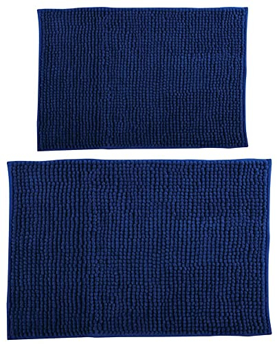 MSV Chenille Badvorleger Langflor Badvorleger Set 2 teilig 40x60 cm + 60x90 cm Dunkelblau