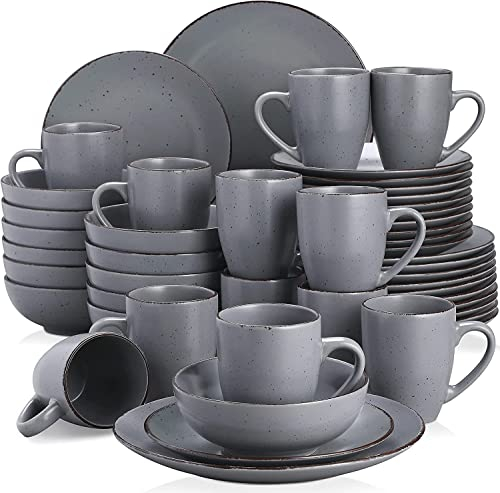 Tafelservice Steingut, vancasso MODA Geschirrset, Vintage Aussehen, 48-teiliges Kombiservice mit je 12 Speisetellern, Kuchentellern, Schalen und Tassen Grau