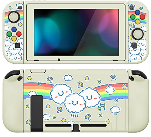 PlayVital ZealProtect Weiche Schutzhülle für Nintendo Switch Konsole Joy con, Case Hülle Cover Zubehör für Switch mit HD Klar Schutzfolie&Sticks Kappen&ABXY Richtungstastenkappen(Regenbogen auf Wolke)