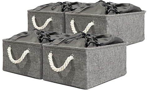 RMAN Scatole per Vestiti in Tessuto 4 Set, Grigio, 36x26x16 cm | Impilabili, Contenitori Salvaspazio, Con Corde, Per Trapunte e Biancheria da Letto