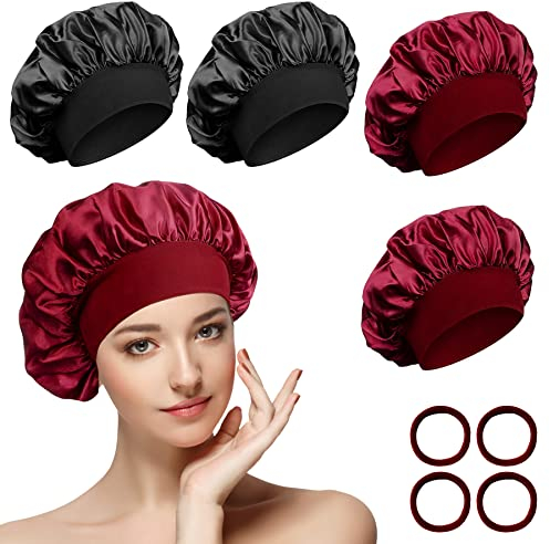 4 Stück Seidenhaube zum Schlafen Schlafhaube Atmungsaktive Satin Haarhaube mit Haargummis, Verstellbare Schlafhaube Seide Kopfbedeckung für Lockiges Haar, Sleep Cap Satin Bonnet für Damen