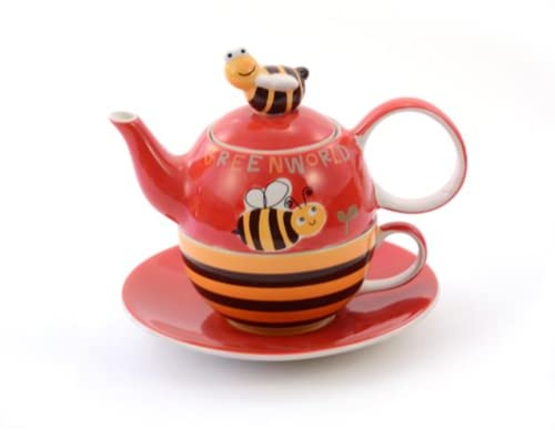 ChaCult | Fritzi Teiera | Teiera in Ceramica Decorata con Tazza e Piatto | Mini Set Teiera + Tazza + Piatto | Servizio Tè Singolo Decoro Ape