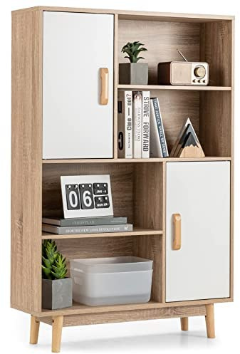 COSTWAY Bücherregal Holz, Standregal mit 2 Türen und 4 offene Regale, Bücherschrank Holzregal Aufbewahrungsregal für Arbeitszimmer, Wohnzimmer 80x24x120cm (Weiß)