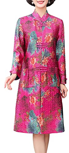 Bitablue Women's Mandarin Collar Floral Reversible Long Jacket with 3 Sets of Chinese Frog Buttons