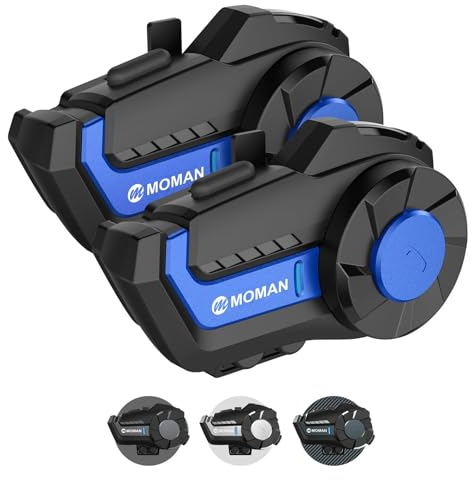 Moman Motorrad Intercom Headset, H2 Pro【2 Pack Blau】 Motorradhelm Gegensprechanlage Drahtlos Wireless 5.1 Kommunikationssystem zu 1000M FM Radio Wasserdicht, Motorrad-Intercom-Headset-Helm-Motorcycle