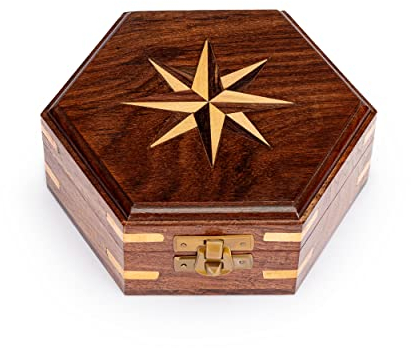 NKlaus 13,5x12x5cm Maritim Boîte en bois hexagonale avec incrustation somptueuse rose des vents motif en bois et fermeture en laiton 11636