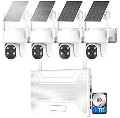 AKAVIG Sistema di telecamere di sicurezza domestica a energia solare con 4 telecamere e hard disk 1T, kit NVR di sorveglianza wireless da 4 MP per esterni con audio bidirezionale