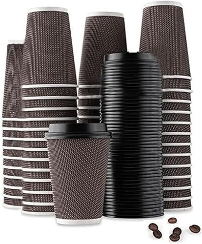 My Home & Lighting Store Ripple Hot Cups with Lids for Coffee and Takeaway Drinks - Triple Wall Insulated Disposable Cups (100 Counts)
