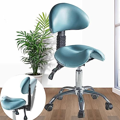 NUNETH Sattelhocker Ergonomischer Sattelhocker mit Rückenstütze & 360°-Rädern, Hydraulische Metallsalonstuhl-Rollhocker, Ergonomischer Bürostuhl des Zahnarztes, Blau