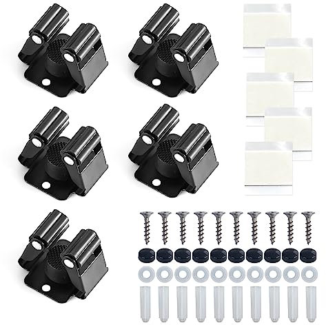 5 porta scopa con viti, 5 adesivi senza chiodi, Porta mop autoadesivo per montaggio a parete, porta attrezzi da giardino in acciaio inossidabile,Adatto per cucina, bagno, giardino, garage (nero)