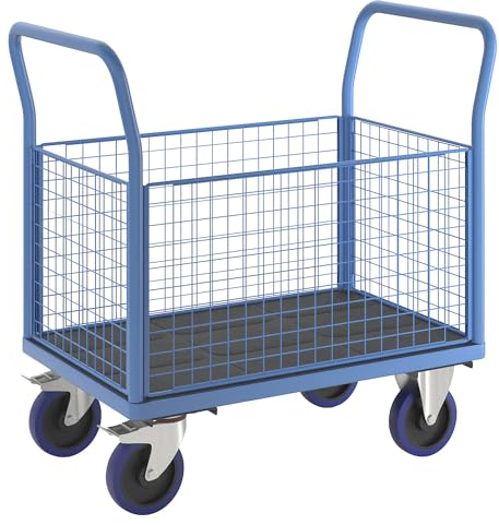 eurokraft | Plattformwagen mit Gitterwänden | Vollelastik-Rollen | 4 hohe Gitter | LxB 1000 x 650 mm